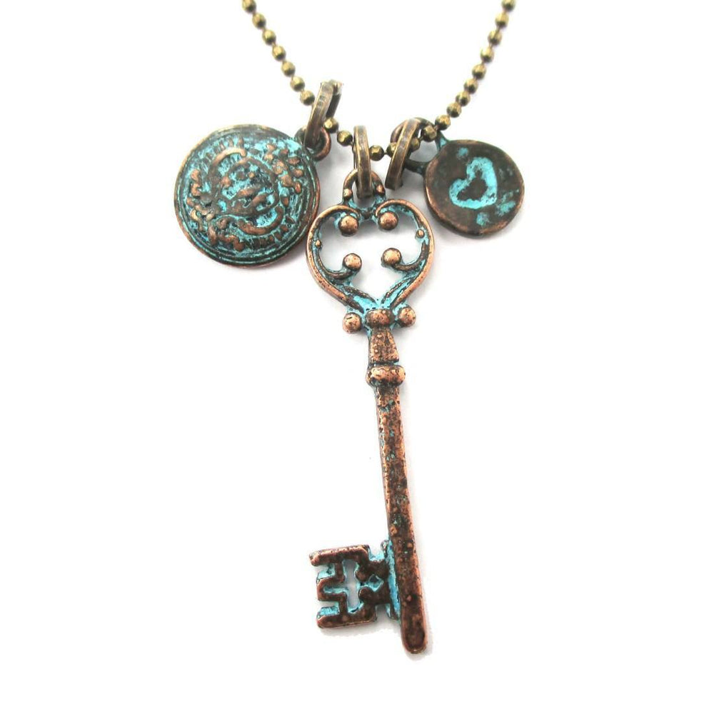 Antique Skeleton Key Heart and Crest Shaped Charm Necklace in Brass | DOTOLY | DOTOLY
