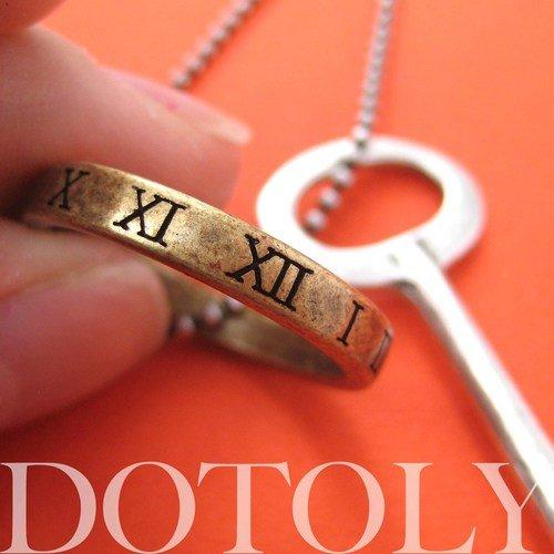 Skeleton Key Pendant with Roman Numeral Hoop Charm Necklace in Silver | DOTOLY