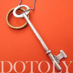 Skeleton Key Pendant with Roman Numeral Hoop Charm Necklace in Silver | DOTOLY