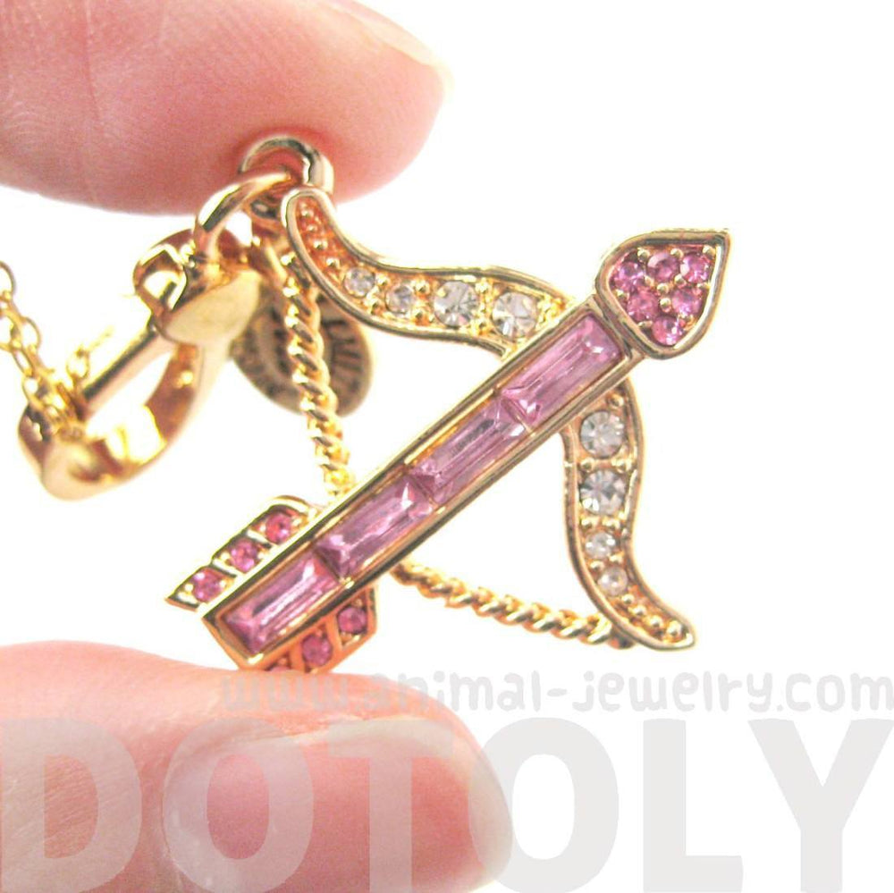 Arrow Bow Cupid Love Themed Pendant Necklace in Pink with Rhinestones | Limited Edition | DOTOLY