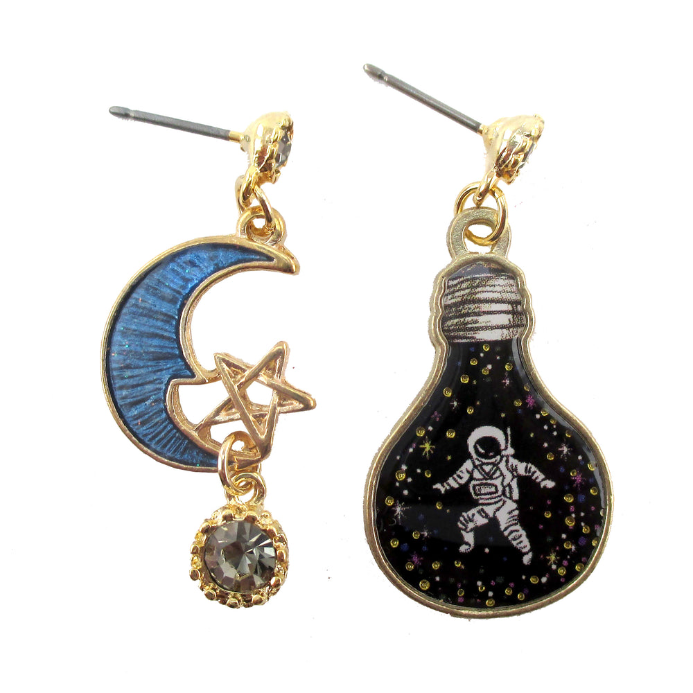 Astronaut in A Light Bulb Crescent Moon Space Themed Stud Earrings