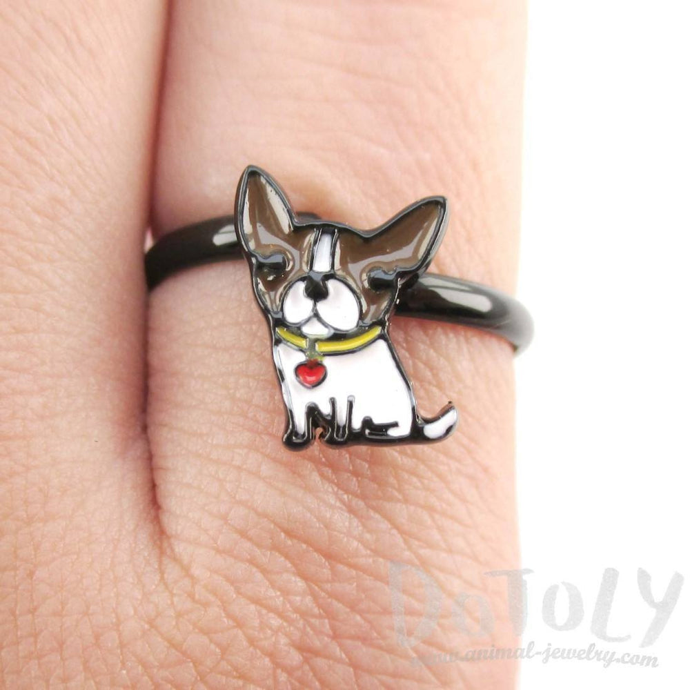 Baby Boston Terrier Puppy Shaped Adjustable Ring in Brown | Animal Jewelry | DOTOLY