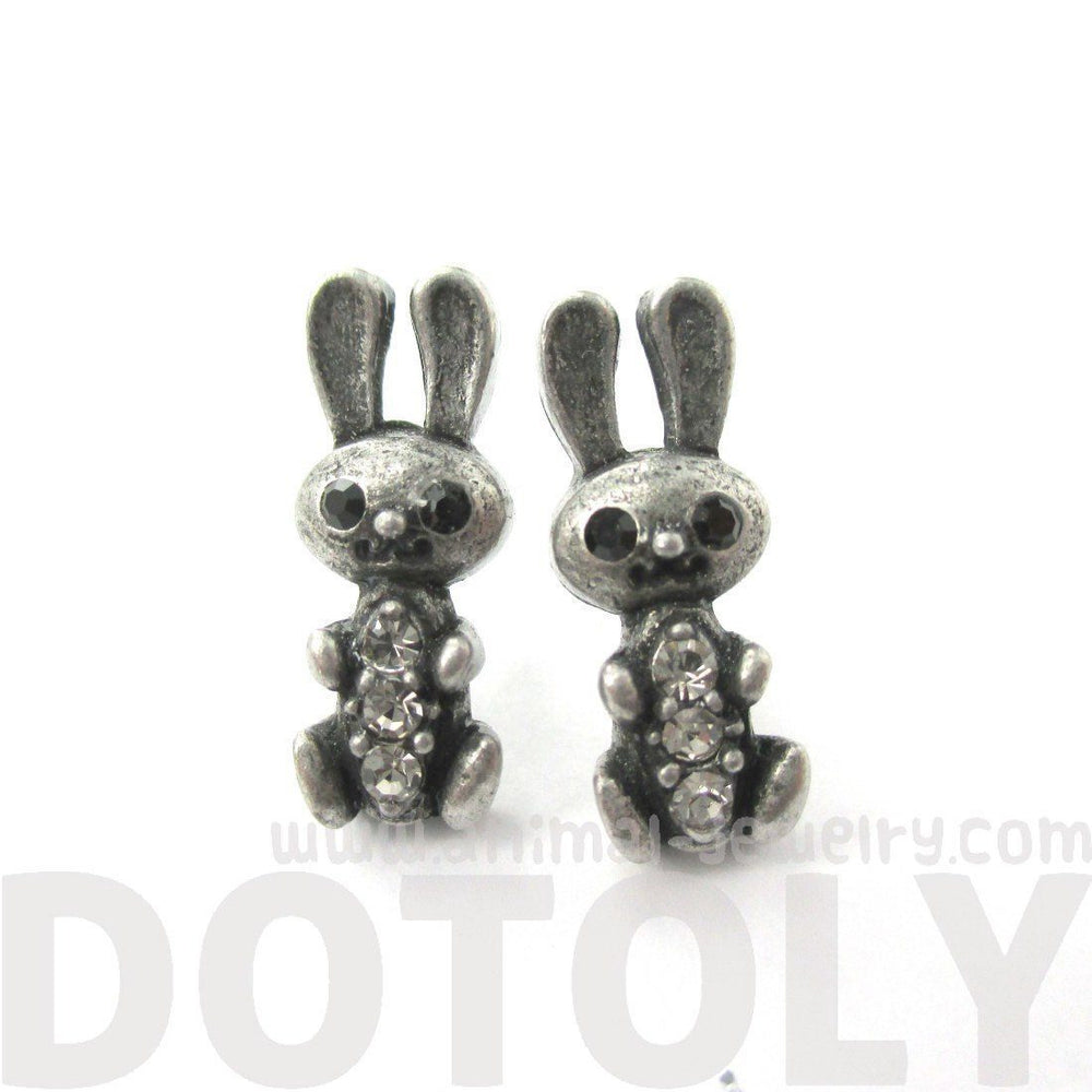 Baby Bunny Rabbit Shaped Stud Earrings in Silver with Rhinestones | Animal Jewelry | DOTOLY
