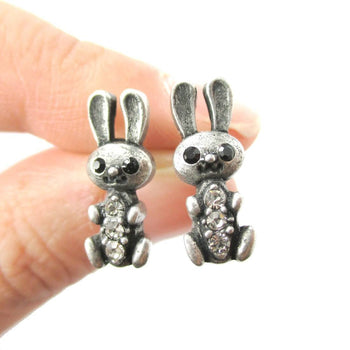 Baby Bunny Rabbit Shaped Stud Earrings in Silver with Rhinestones | Animal Jewelry | DOTOLY