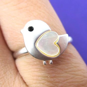 Baby Chicken Bird Animal Adjustable Ring in Silver with Heart Shaped Wings | DOTOLY