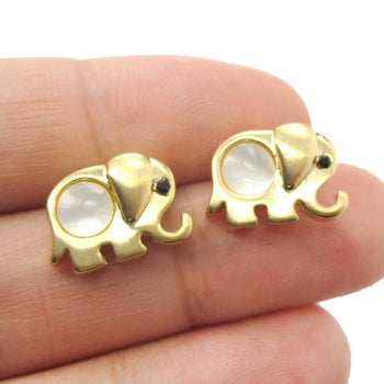 Baby Elephant Animal Shaped Stud Earrings in Gold with Pearl Detail | DOTOLY