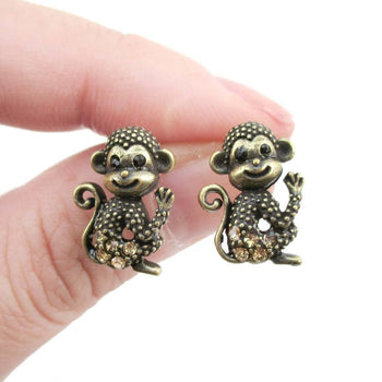 Baby Monkey Chimpanzee Shaped Rhinestone Stud Earrings in Brass | DOTOLY | DOTOLY