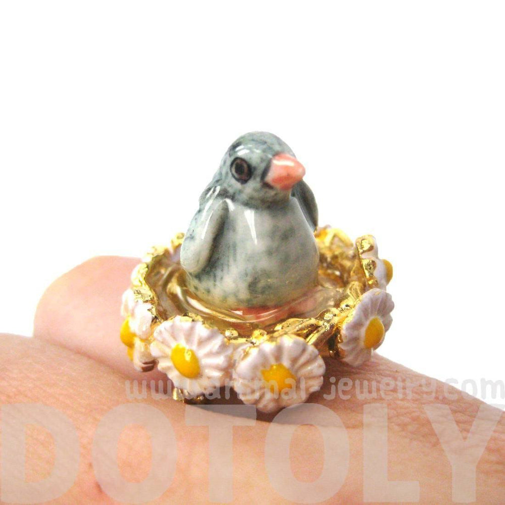 Baby Penguin Bird Shaped Ceramic Porcelain Animal Ring with Daisy Textured Border | Limited Edition | DOTOLY