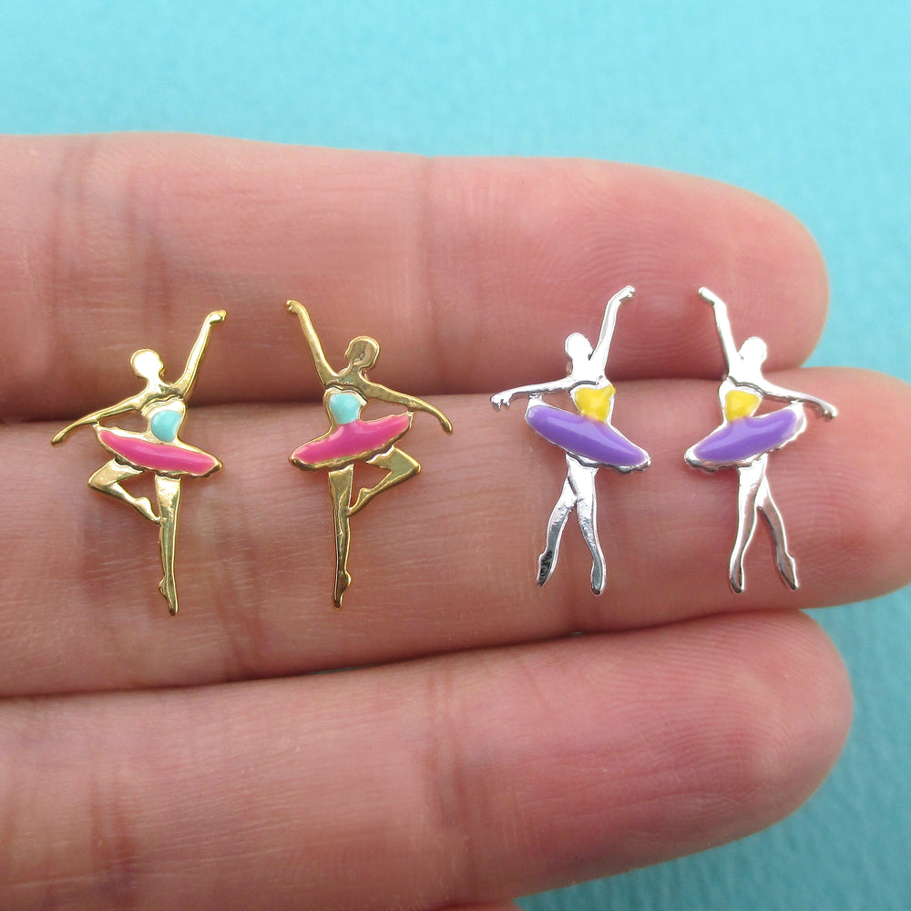 Ballerina Ballet Pirouette Pose Shaped Stud Earrings in Silver or Gold