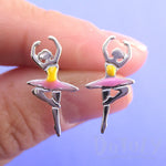 Ballerina Ballet Dancer Girl Silhouette Shaped Stud Earrings in Silver with Pink Tutu