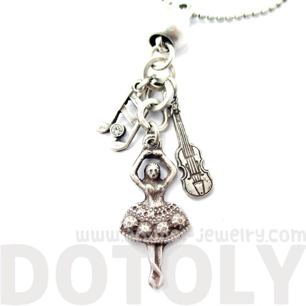 Ballerina Musical Notes and Violin Shaped Music Themed Charm Necklace in Silver | DOTOLY