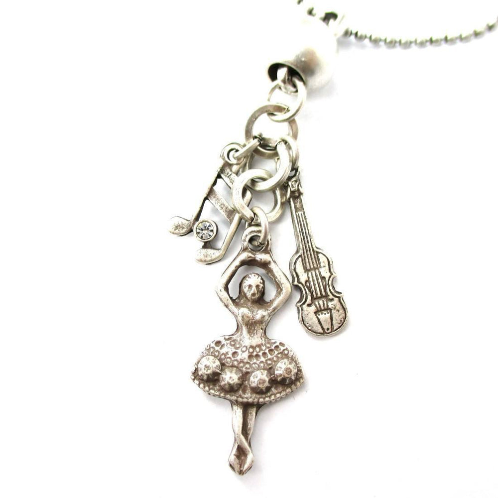 Ballerina Musical Notes and Violin Shaped Music Themed Charm Necklace in Silver | DOTOLY