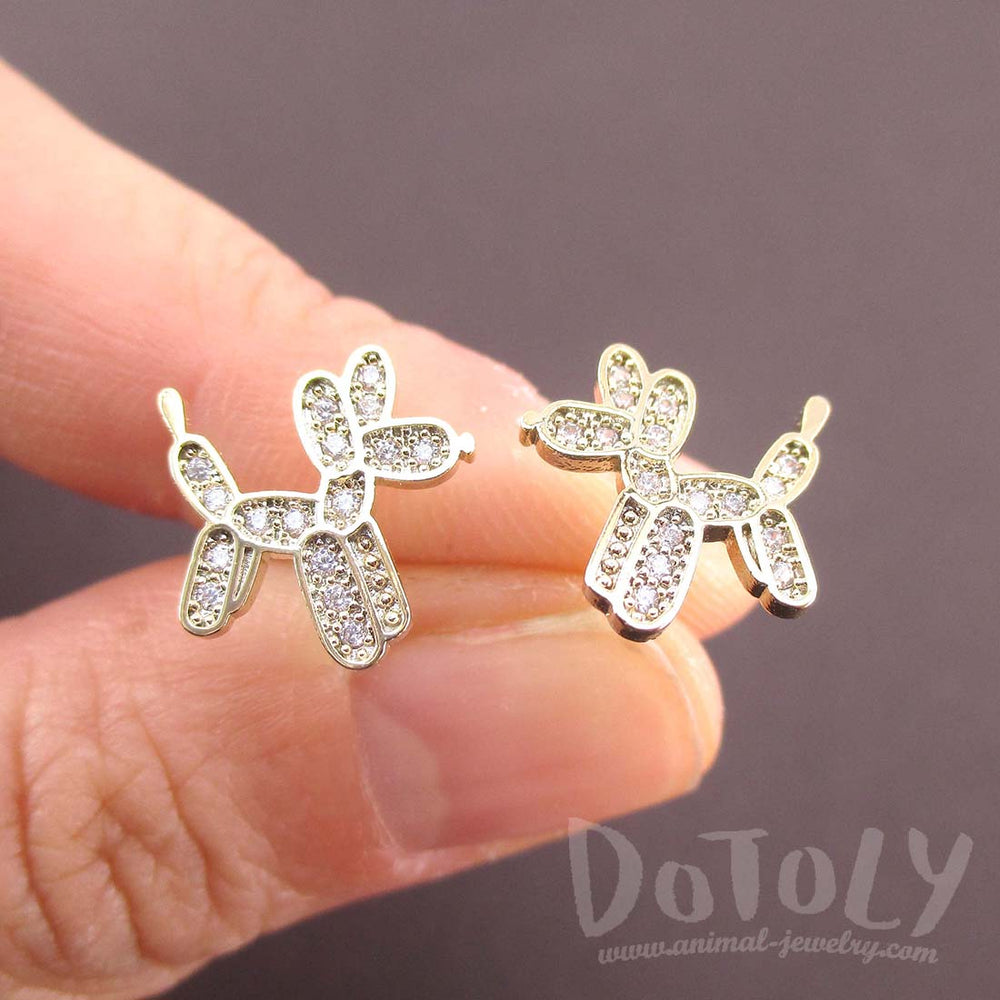 Balloon Dog Twisted Animal Shaped Rhinestones Stud Earrings in Gold