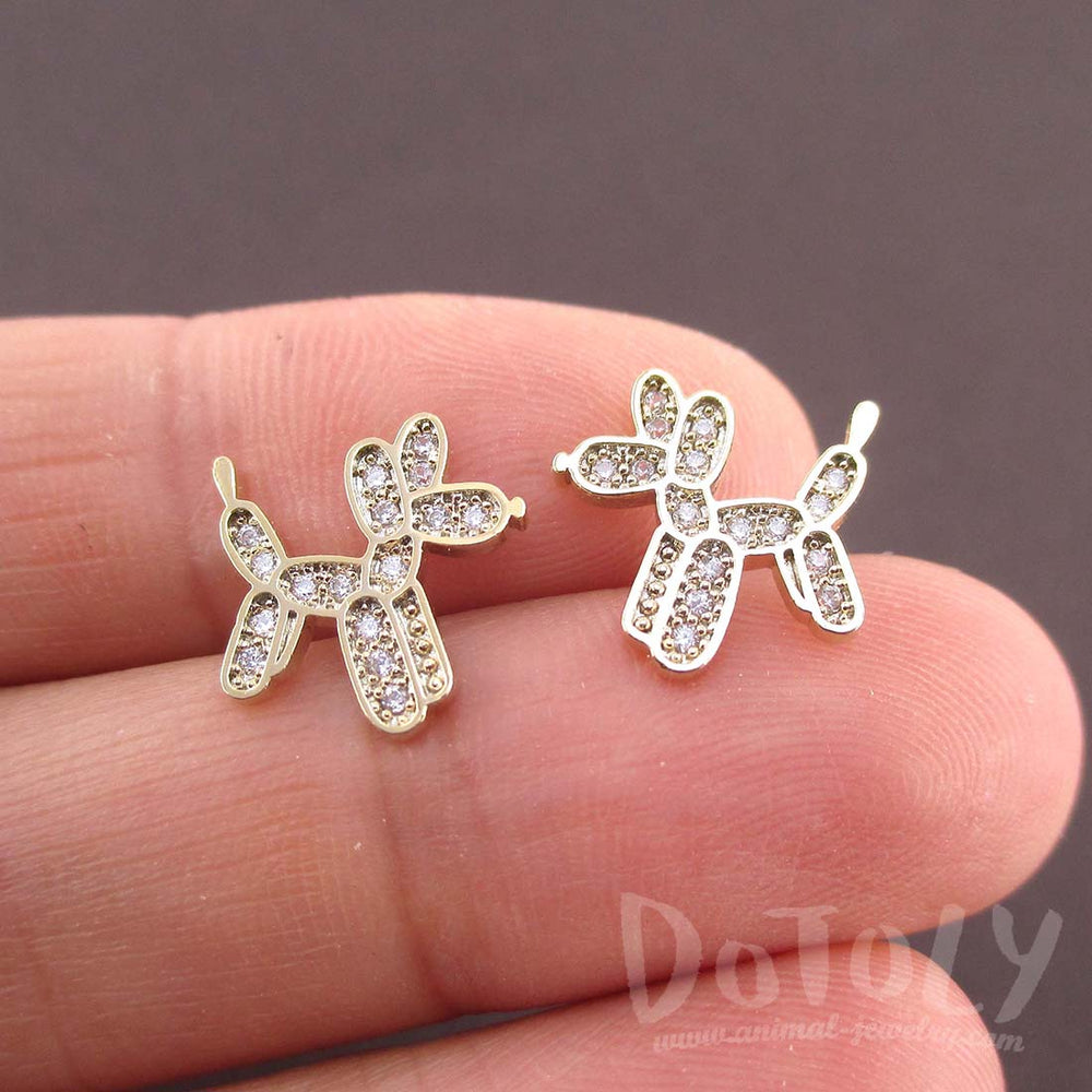 Balloon Dog Twisted Animal Shaped Rhinestones Stud Earrings in Gold