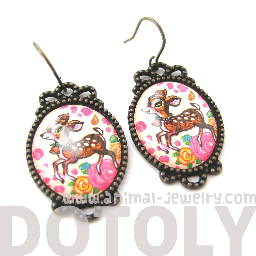 Bambi Deer Doe Illustrated Resin Dangle Earrings with Floral Details | Animal Jewelry | DOTOLY