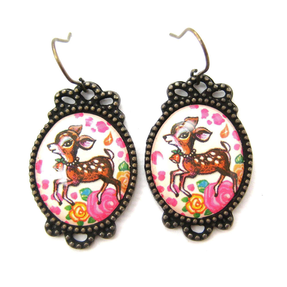 Bambi Deer Doe Illustrated Resin Dangle Earrings with Floral Details | Animal Jewelry | DOTOLY
