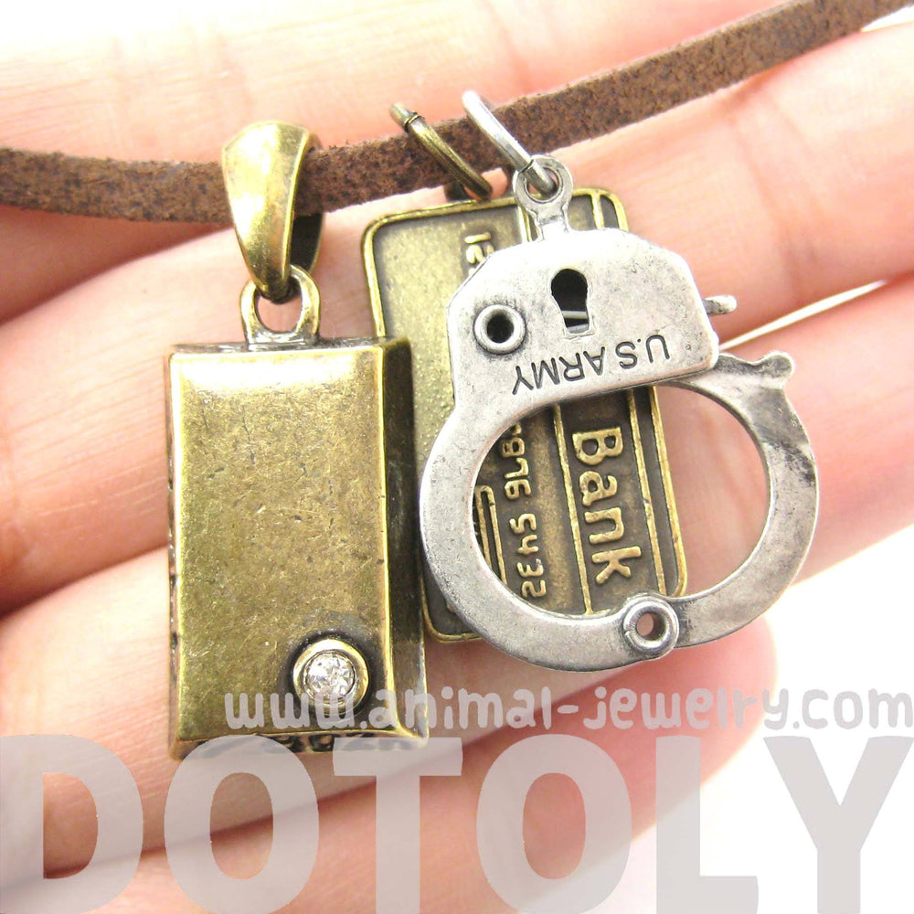 Bank Heist Themed Handcuff Gold Bar Bank Card Charm Necklace | DOTOLY | DOTOLY