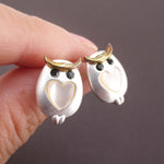 Barn Owl Bird Shaped Stud Earrings with Heart Shaped Details in Silver