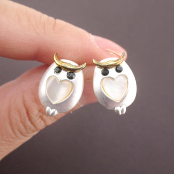 Barn Owl Bird Shaped Stud Earrings with Heart Shaped Details in Silver