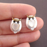 Barn Owl Bird Shaped Stud Earrings with Heart Shaped Details in Silver