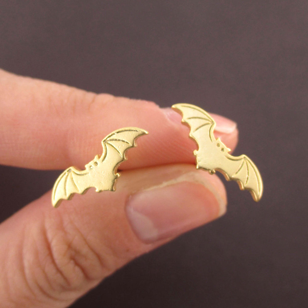 Bat With Spread Wings Silhouette Shaped Stud Earrings in Gold