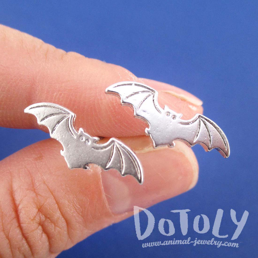 Bat With Spread Wings Silhouette Shaped Stud Earrings in Silver