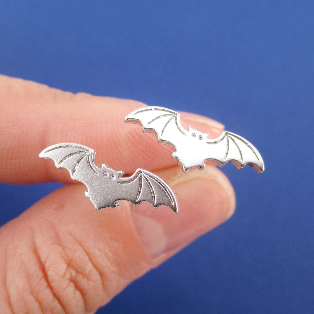 Bat With Spread Wings Silhouette Shaped Stud Earrings in Silver