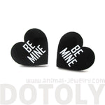 Be Mine Candy Heart Sweethearts Shaped Laser Cut Stud Earrings in Black | DOTOLY