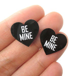 Be Mine Candy Heart Sweethearts Shaped Laser Cut Stud Earrings in Black | DOTOLY