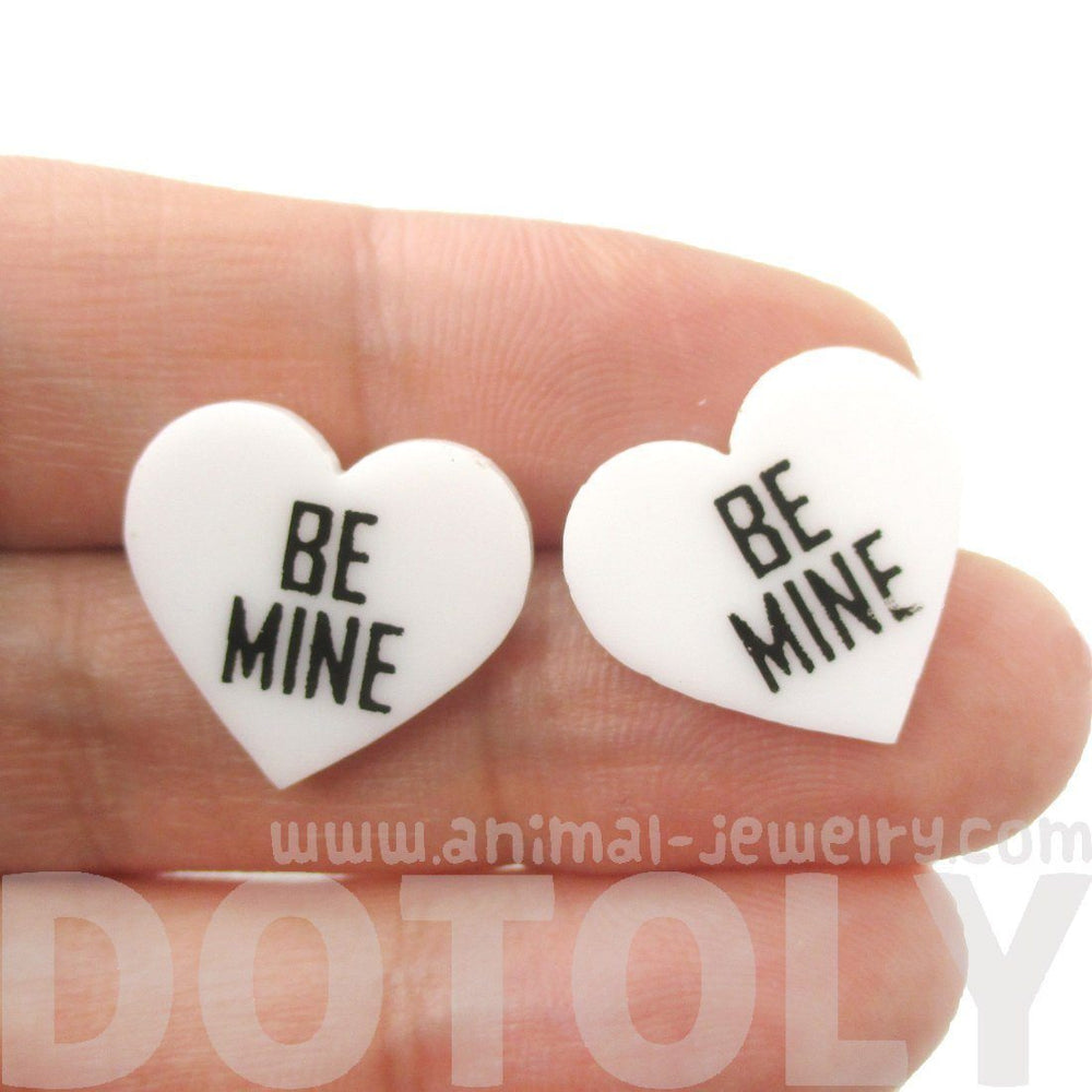 Be Mine Candy Heart Sweethearts Shaped Laser Cut Stud Earrings in White | DOTOLY
