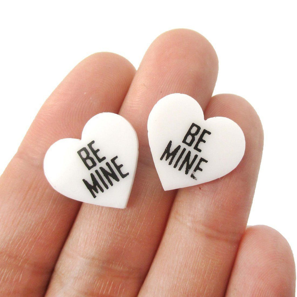 Be Mine Candy Heart Sweethearts Shaped Laser Cut Stud Earrings in White | DOTOLY