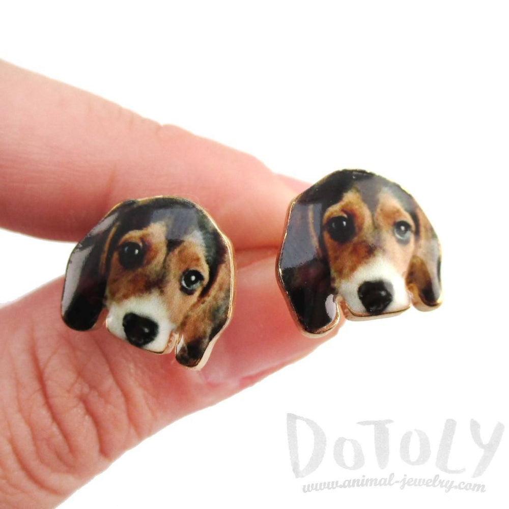 Beagle Puppy Face Portrait Shaped Stud Earrings | Animal Jewelry for Dog Lovers | DOTOLY