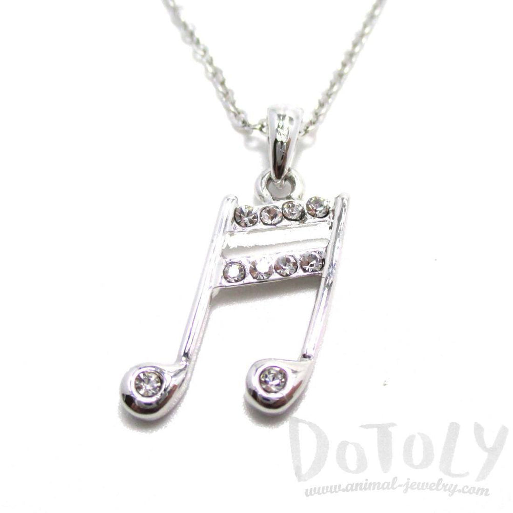 Beamed Quaver Note Shaped Rhinestone Pendant Necklace in Silver | Music Themed Jewelry | DOTOLY