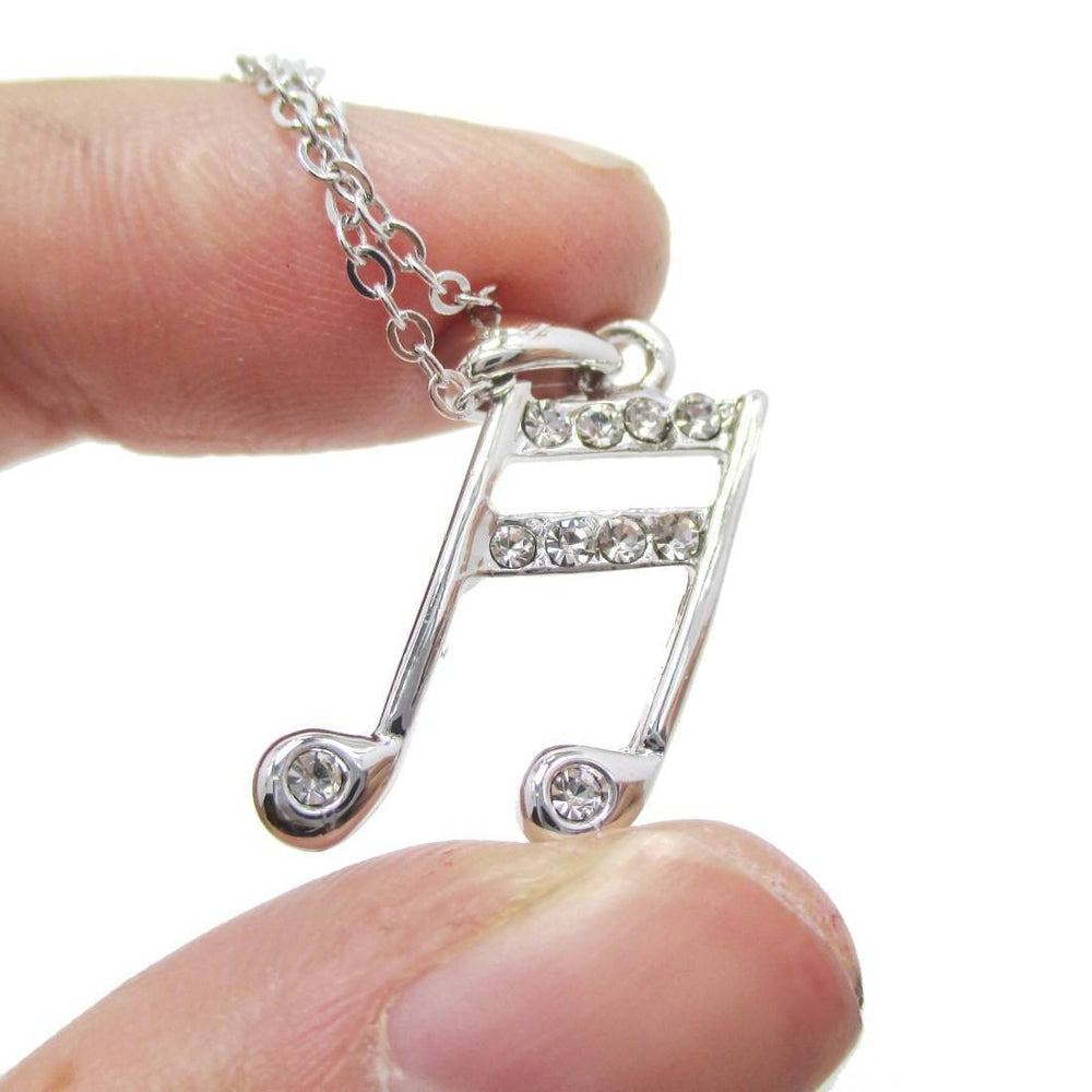 Beamed Quaver Note Shaped Rhinestone Pendant Necklace in Silver | Music Themed Jewelry | DOTOLY