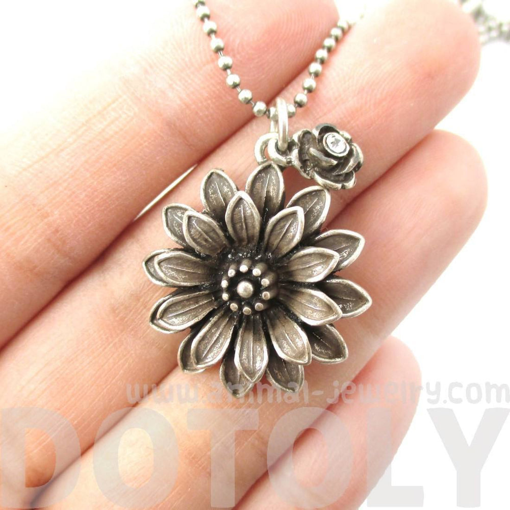 Beautiful Classic Dahlia Flower Floral Pendant Necklace in Silver | DOTOLY | DOTOLY