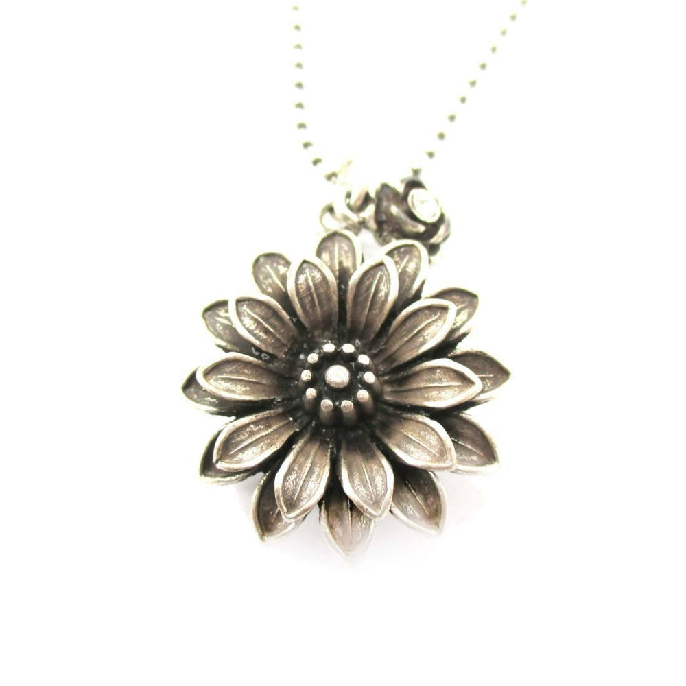 Beautiful Classic Dahlia Flower Floral Pendant Necklace in Silver | DOTOLY | DOTOLY