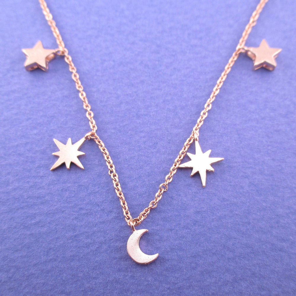 Beautiful Crescent Moon and Bright Night Stars Shaped Charm Necklace