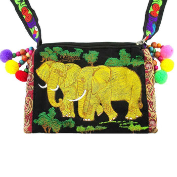 Beautiful Embroidered Elephant Family Animal Themed Cross Body Bag in Gold | Handmade | DOTOLY