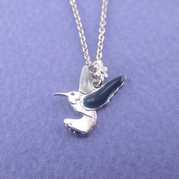 Beautiful Hummingbird Shaped Enamel Pendant Necklace in Silver