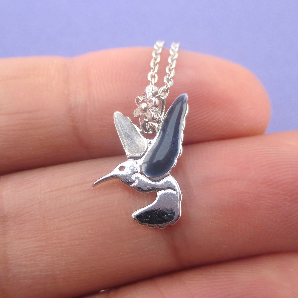 Beautiful Hummingbird Shaped Enamel Pendant Necklace in Silver