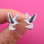Beautiful Hummingbird Shaped Enamel Stud Earrings in Silver