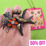 Bird Themed Rings and Hand Drawn Owl Pendant Necklace 4 Piece Set