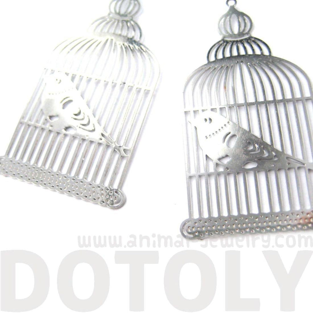 Birdcage Shaped Cut Out Filigree Dangle Drop Earrings in Silver | Animal Jewelry | DOTOLY