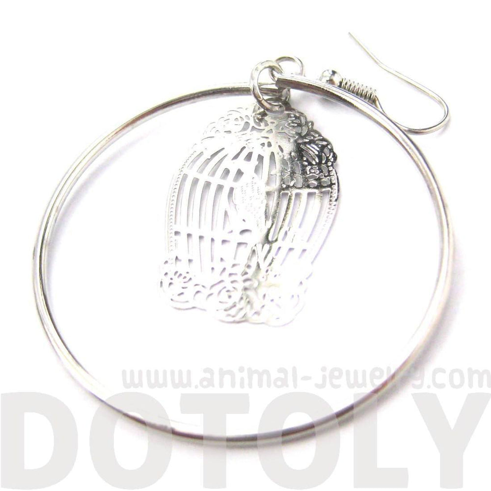 Birdcage Shaped Dye Cut Filigree Dangle Hoop Earrings in Silver | Animal Jewelry | DOTOLY