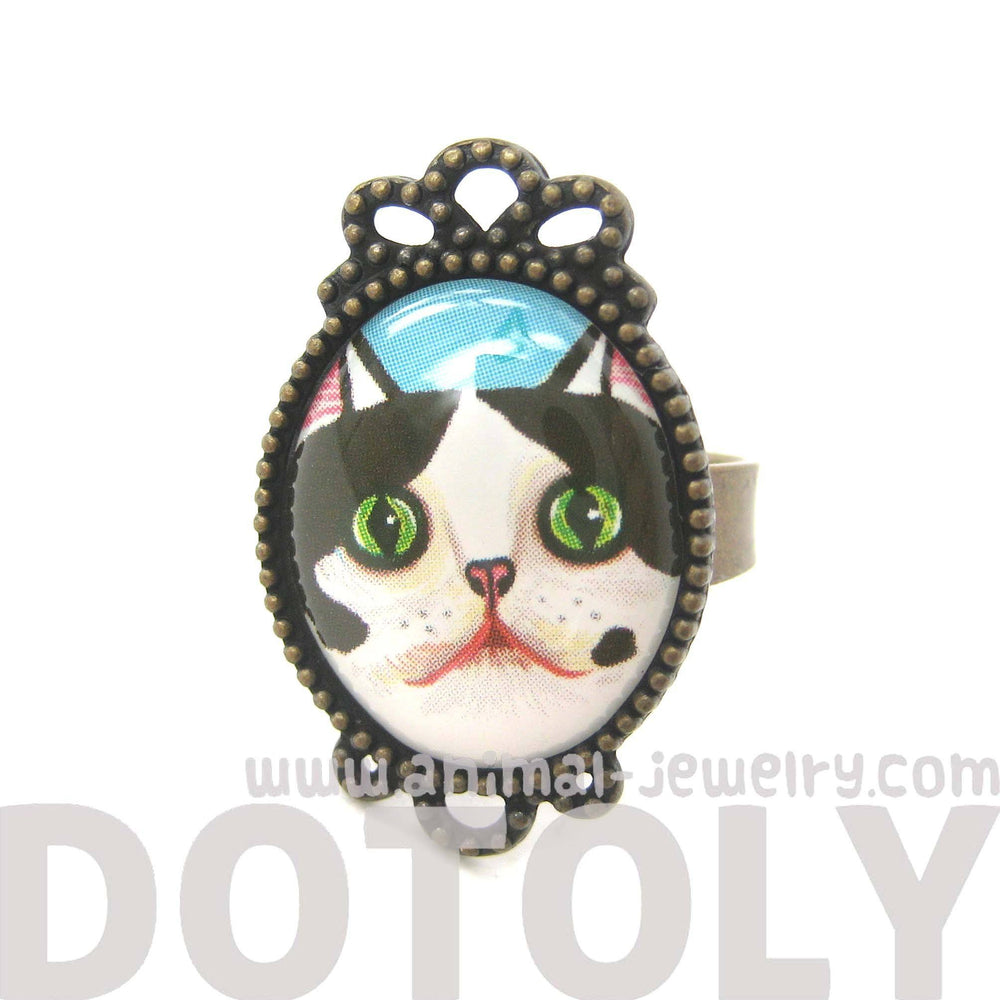 Black and White Bicolor Kitty Cat Illustrated Adjustable Ring | Animal Jewelry | DOTOLY