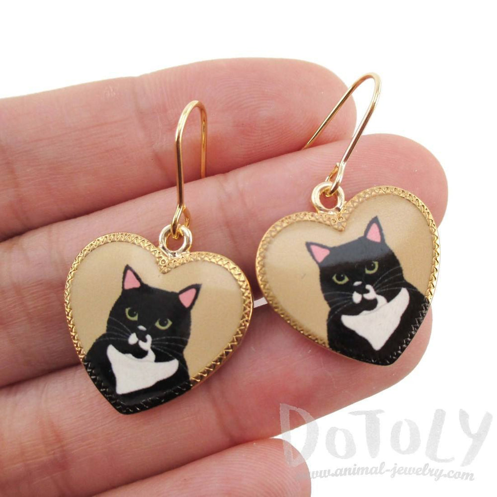 Black and White Bicolor Tuxedo Kitty Cat Portrait Heart Shaped Dangle Earrings | Animal Jewelry | DOTOLY