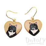 Black and White Bicolor Tuxedo Kitty Cat Portrait Heart Shaped Dangle Earrings | Animal Jewelry | DOTOLY