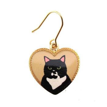 Black and White Bicolor Tuxedo Kitty Cat Portrait Heart Shaped Dangle Earrings | Animal Jewelry | DOTOLY