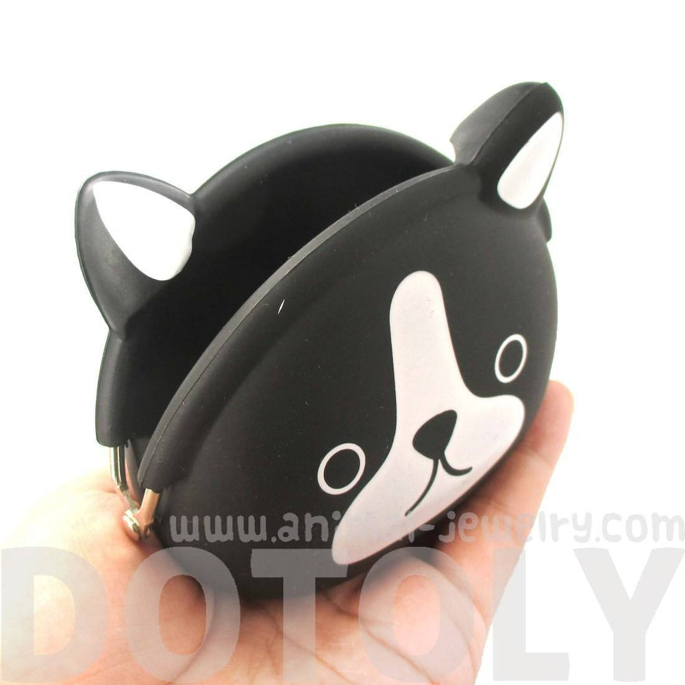Black and White French Bulldog Puppy Dog Shaped Animal Friends Silicone Clasp Coin Purse Pouch | DOTOLY
