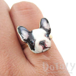 Black and White French Bulldog Puppy Shaped Adjustable Ring | Animal Jewelry | DOTOLY